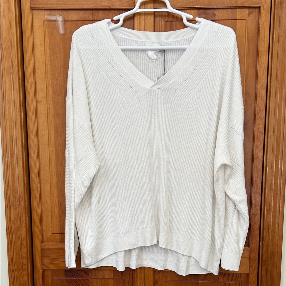 Barefoot Dreams Cream CozyChic Ultra Light V-Neck Pointelle Rib Pullover 3X New